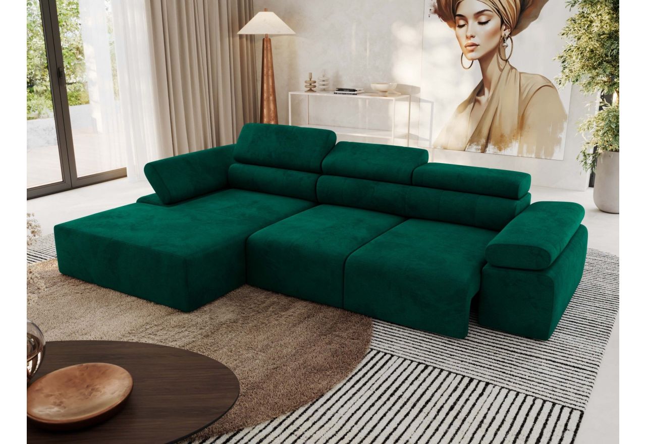 Narożnik z elektrycznym sterowaniem RILASSO L - strona lewa - ciemnozielony, welwet