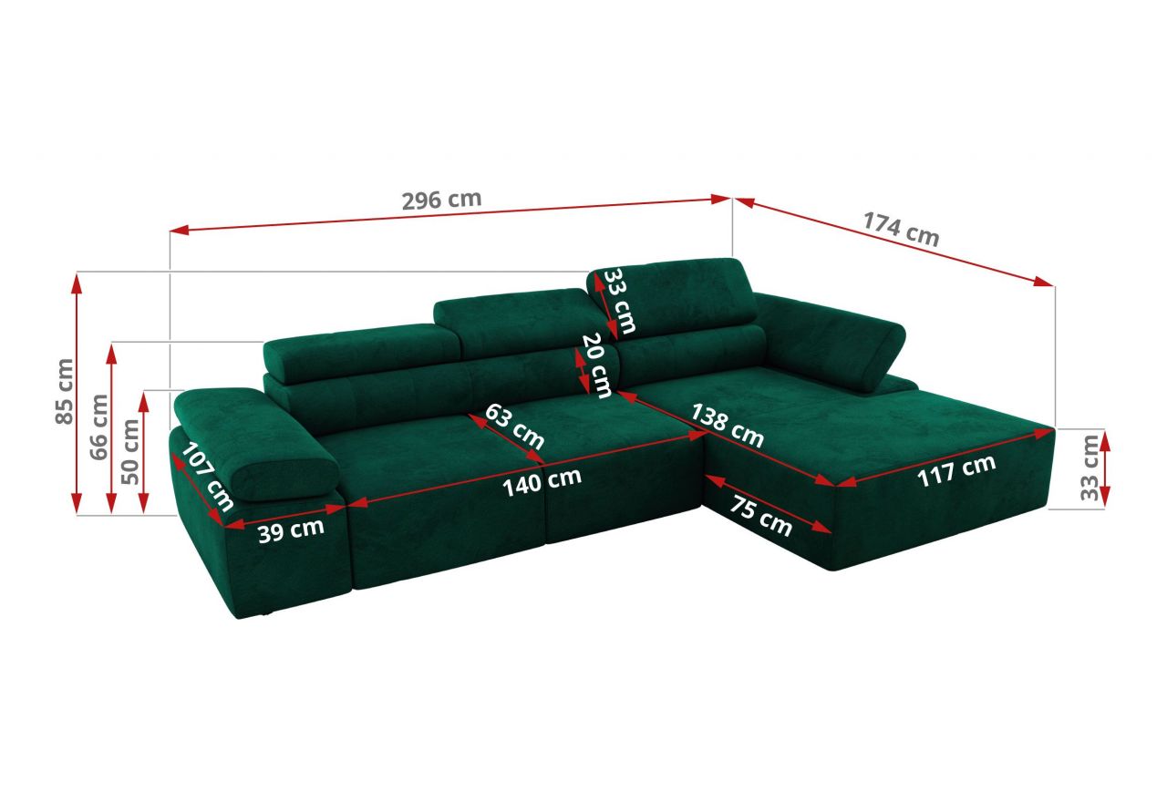 Narożnik z elektrycznym sterowaniem RILASSO L - strona lewa - ciemnozielony, welwet