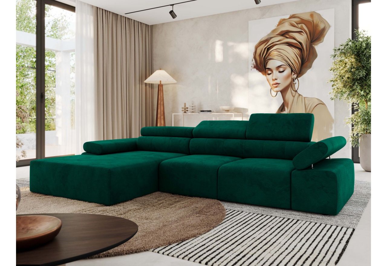 Narożnik z elektrycznym sterowaniem RILASSO L - strona lewa - ciemnozielony, welwet