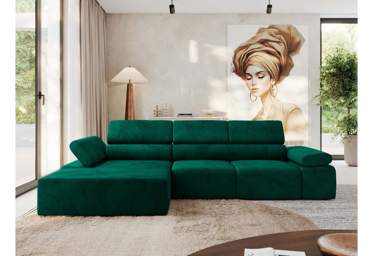 Narożnik z elektrycznym sterowaniem RILASSO L - strona lewa - ciemnozielony, welwet