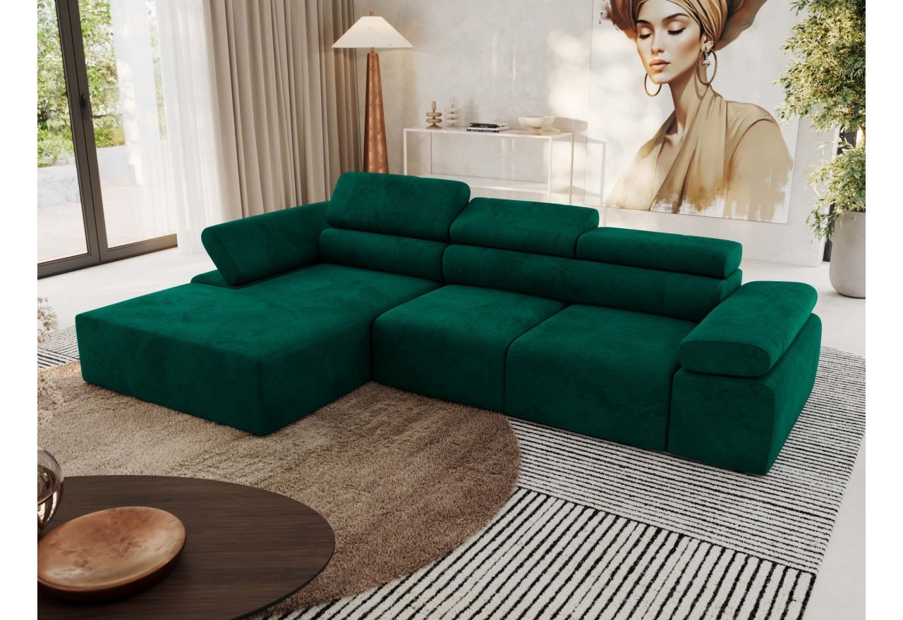 Narożnik z elektrycznym sterowaniem RILASSO L - strona lewa - ciemnozielony, welwet