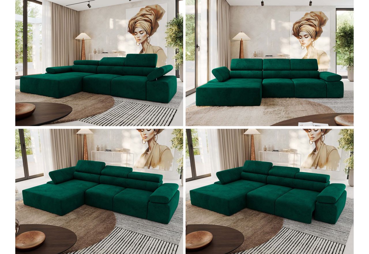 Narożnik z elektrycznym sterowaniem RILASSO L - strona lewa - ciemnozielony, welwet