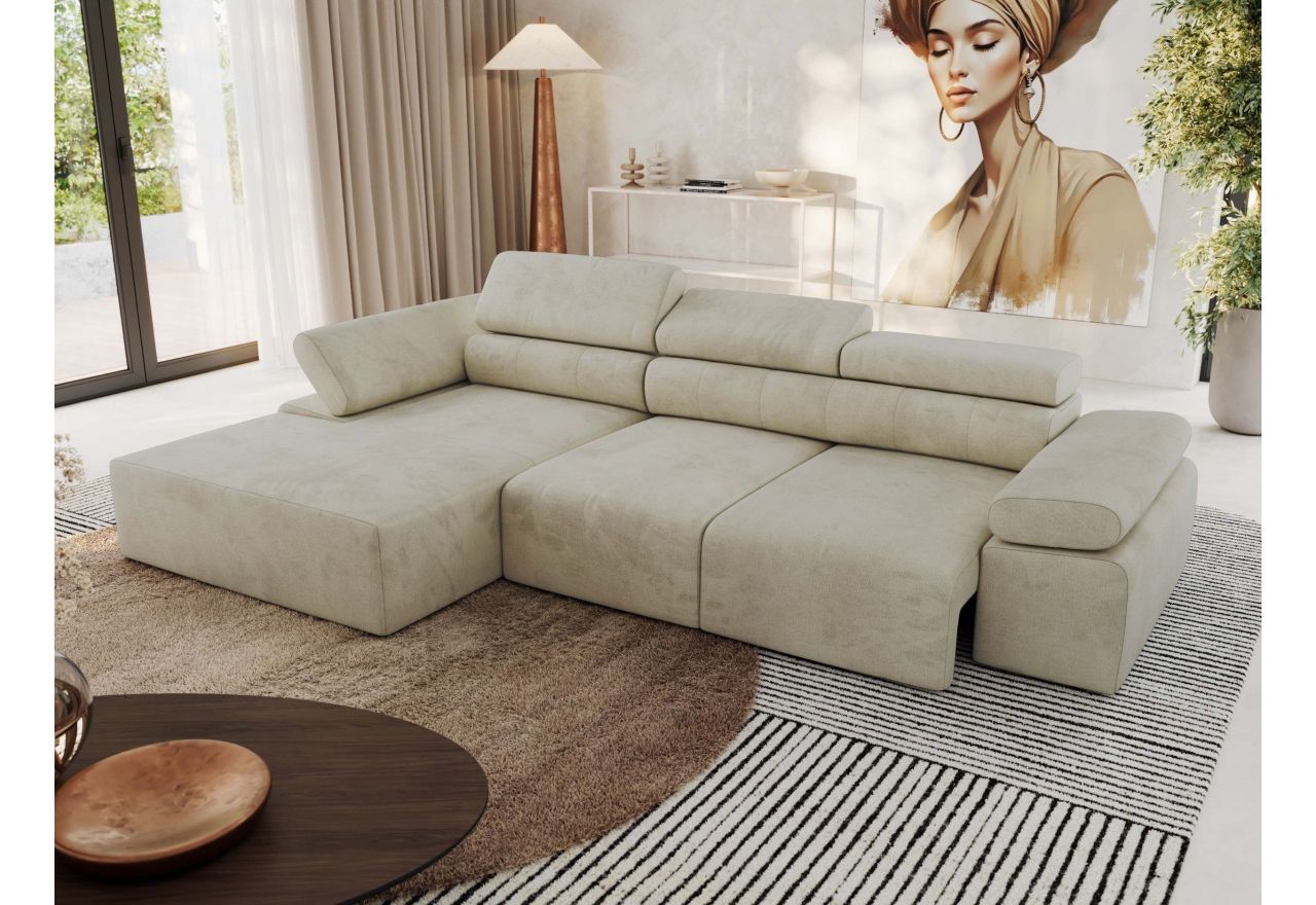 Narożnik z elektrycznym sterowaniem RILASSO L - strona lewa - beżowy, welwet