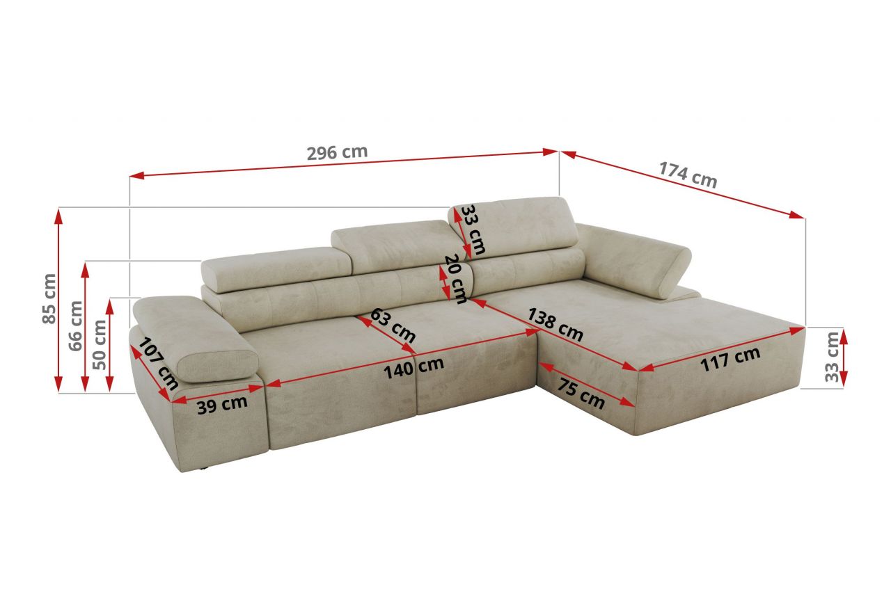 Narożnik z elektrycznym sterowaniem RILASSO L - strona lewa - beżowy, welwet