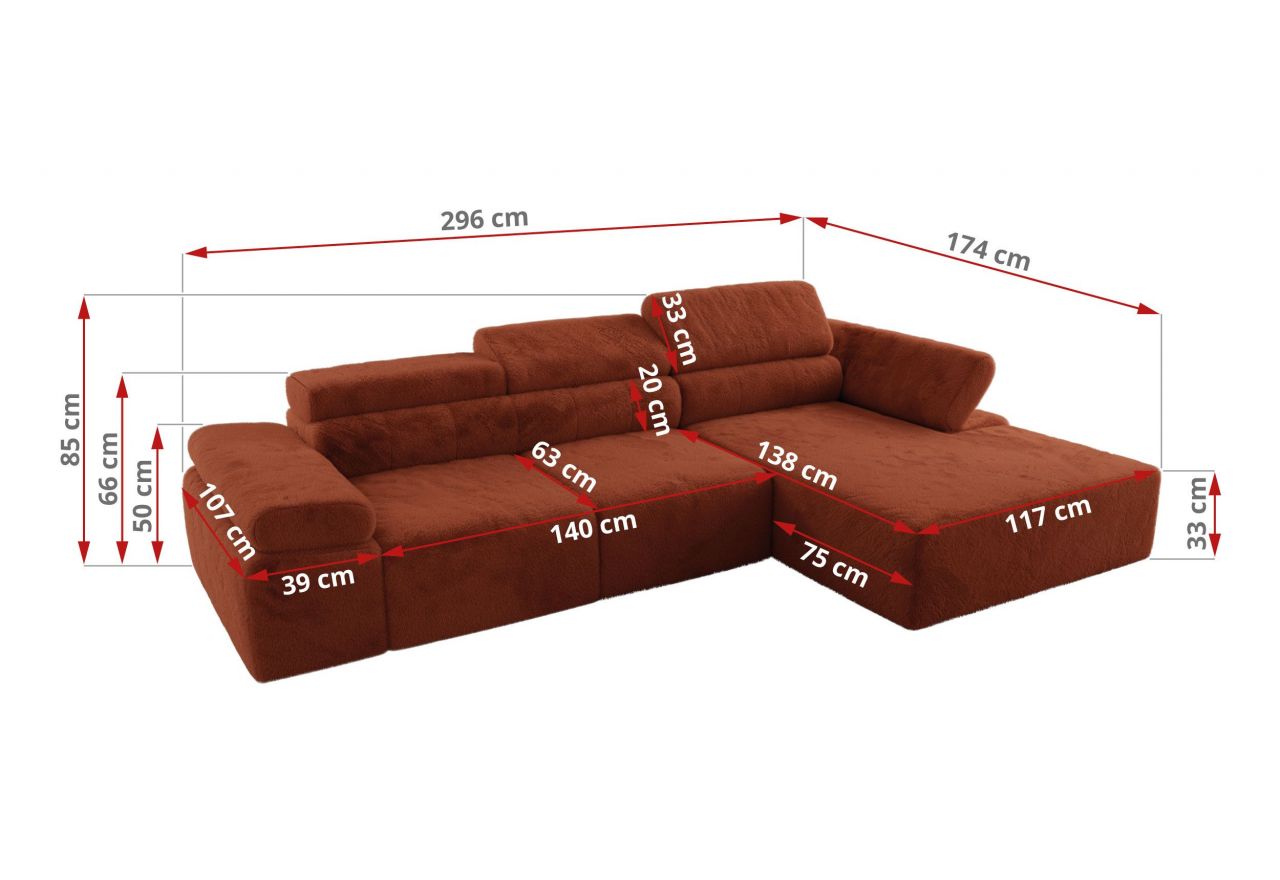 Narożnik z elektrycznym sterowaniem RILASSO L - strona lewa - pomarańczowy, plusz