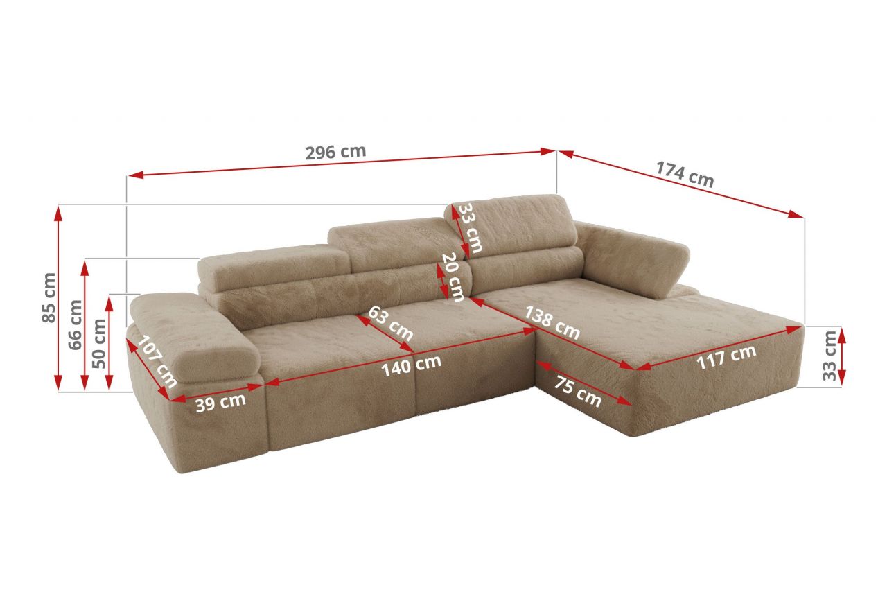 Narożnik z elektrycznym sterowaniem RILASSO L - strona lewa - beżowy, plusz