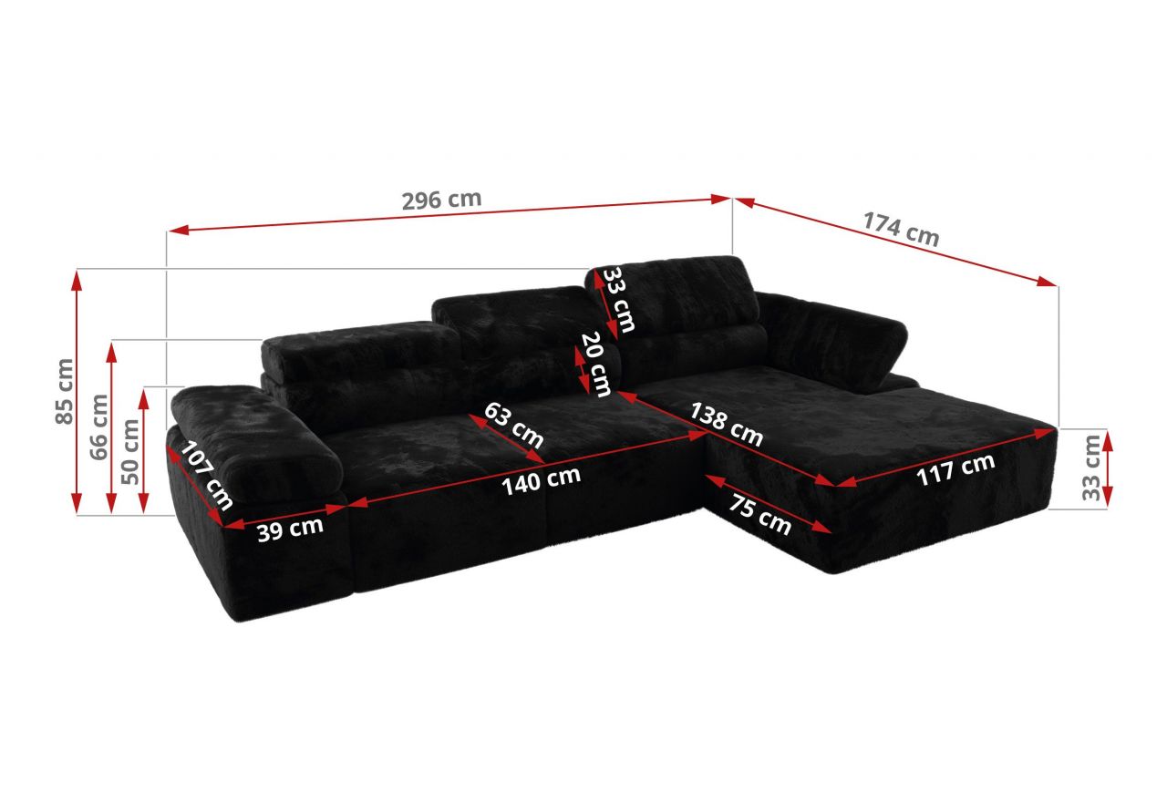 Narożnik z elektrycznym sterowaniem RILASSO L - strona lewa - czarny, plusz