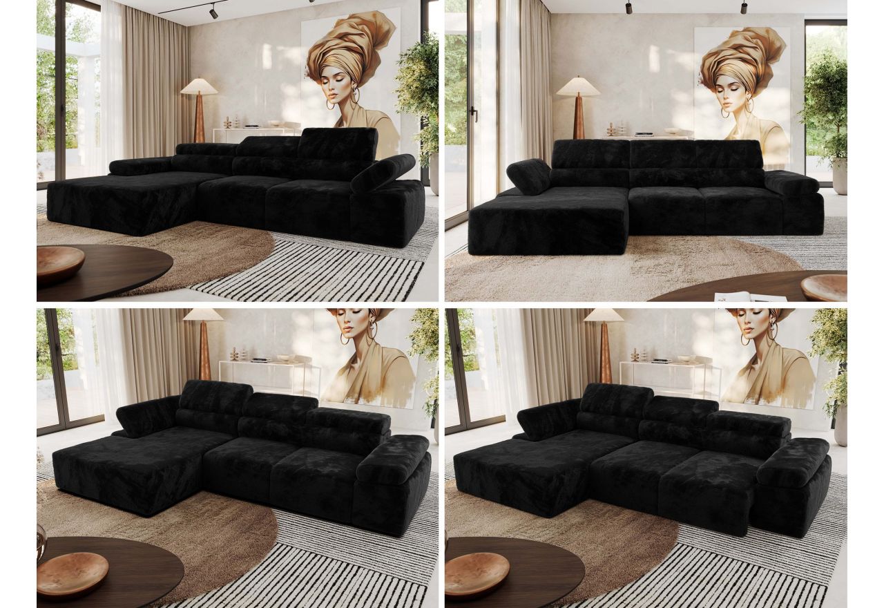 Narożnik z elektrycznym sterowaniem RILASSO L - strona lewa - czarny, plusz