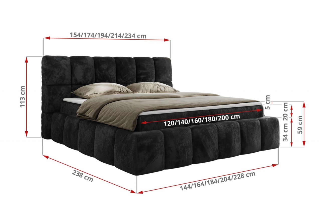 Łóżko kontynentalne NIRA 200x200 - H4 - ciemnoszary, plusz