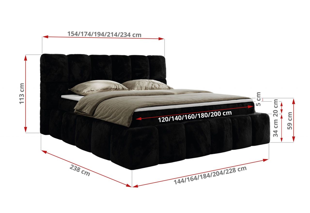 Łóżko kontynentalne NIRA 140x200 - H3 - czarny, plusz