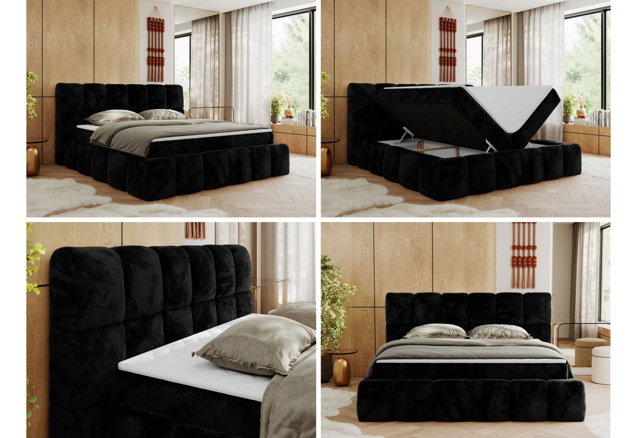 Łóżko kontynentalne NIRA 200x200 - H3 - czarny, plusz