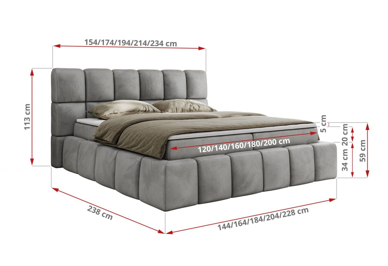 Łóżko kontynentalne NIRA 200x200 - H4 - jasnoszary, welwet
