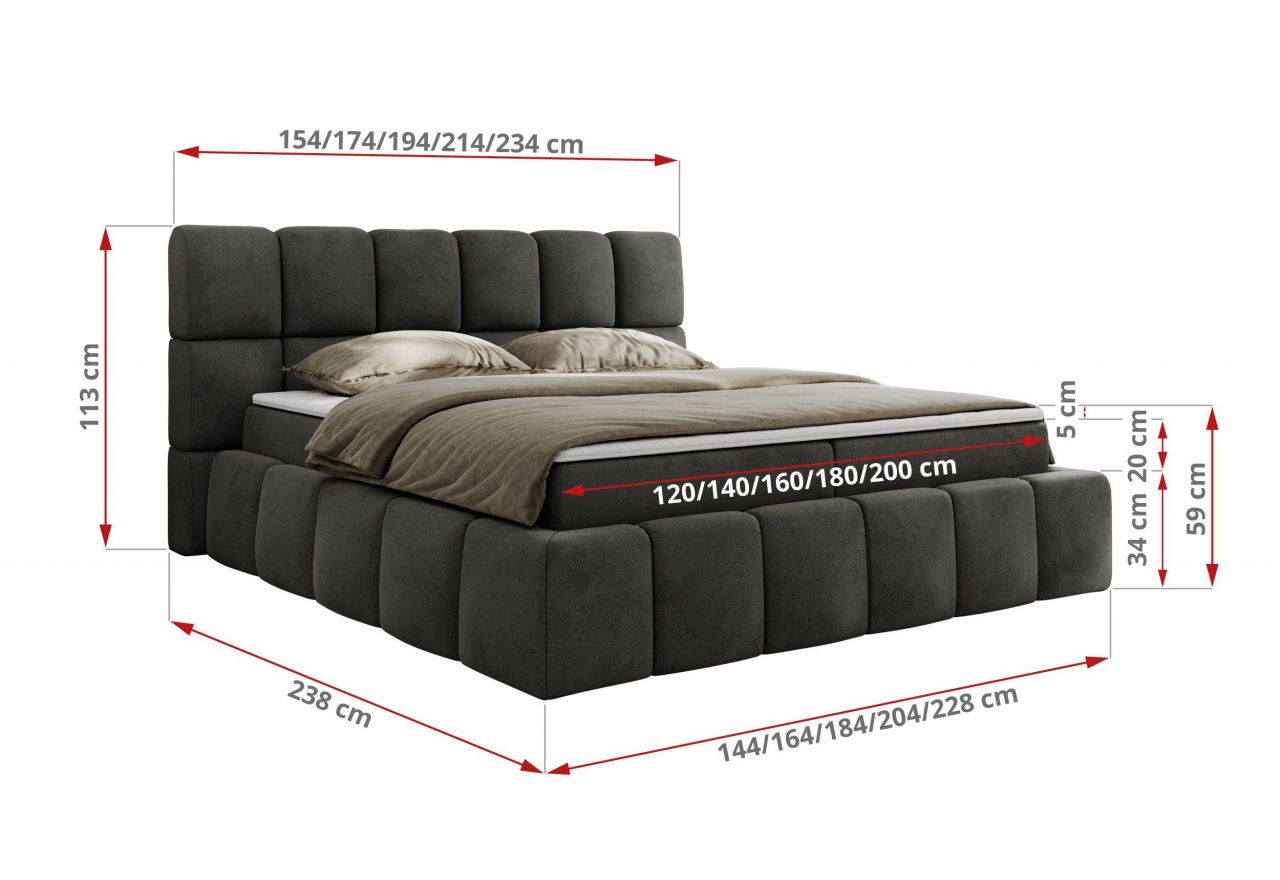 Łóżko kontynentalne NIRA 160x200 - H3 - ciemnoszary, welwet