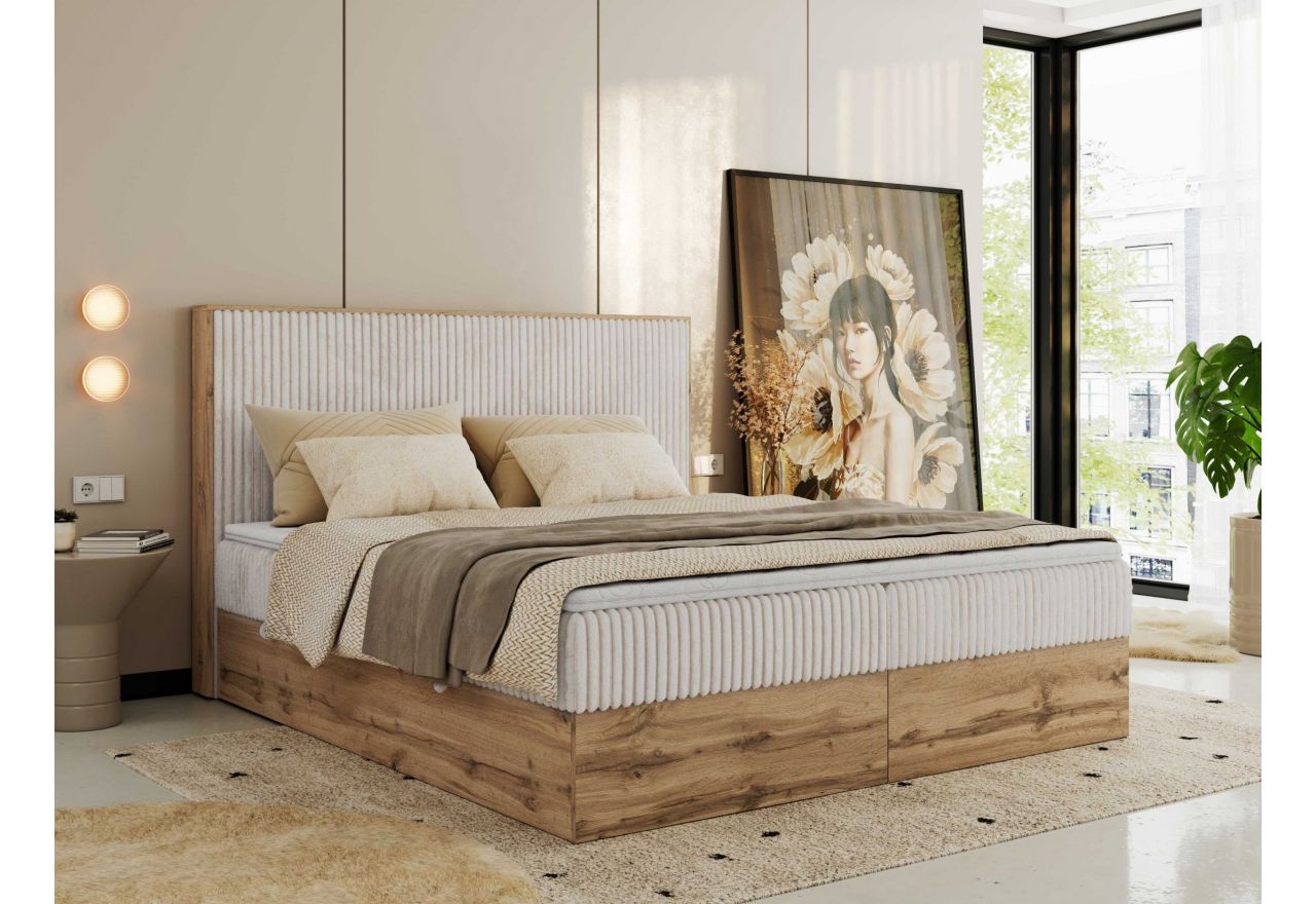 Łóżko kontynentalne WOOD CLASSIC 140x200 - H3 - beżowy, sztruks