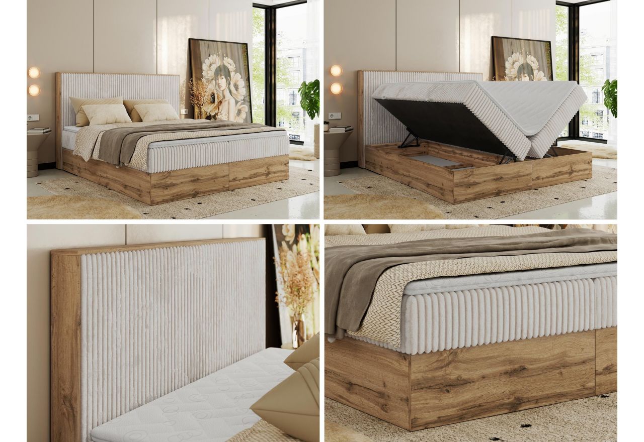 Łóżko kontynentalne WOOD CLASSIC 160x200 - H4 - beżowy, sztruks