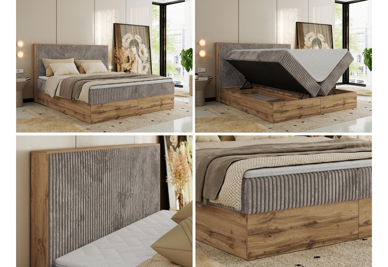 Łóżko kontynentalne WOOD CLASSIC 160x200 - H3 - jasnobrązowy, sztruks