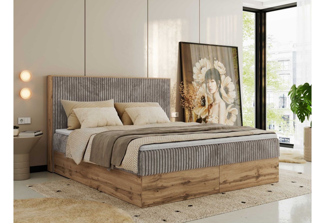 Łóżko kontynentalne WOOD CLASSIC 160x200 - H4 - jasnobrązowy, sztruks