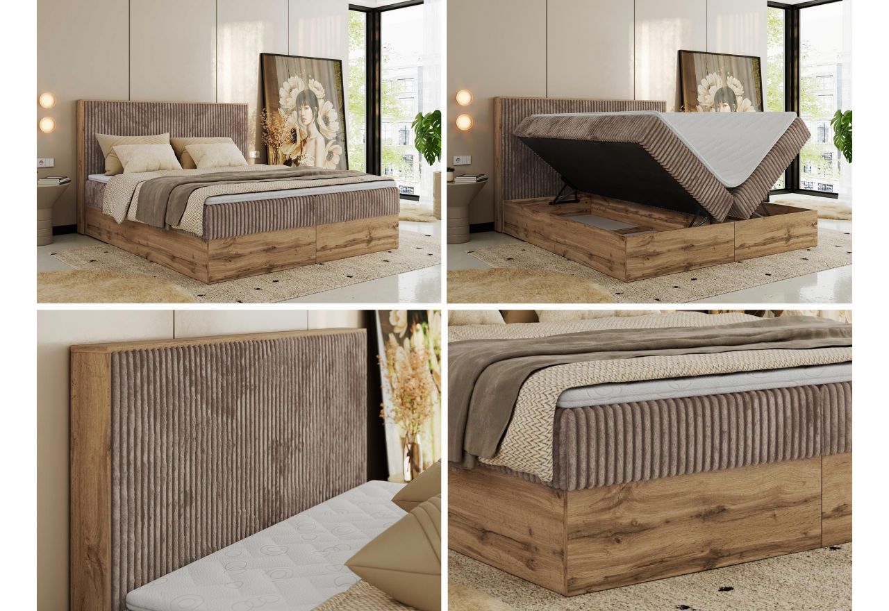 Łóżko kontynentalne WOOD CLASSIC 200x200 - H3 - brązowy, sztruks