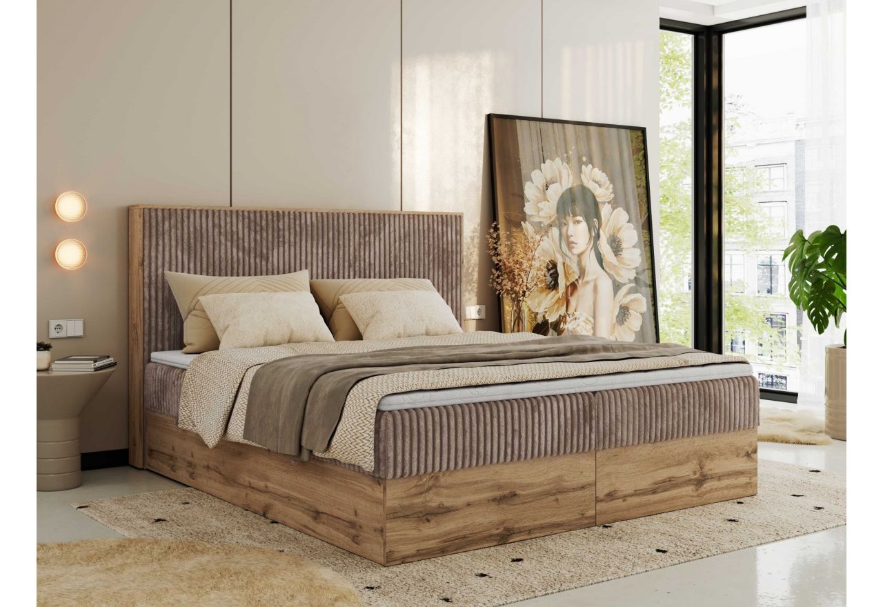Łóżko kontynentalne WOOD CLASSIC 140x200 - H4 - brązowy, sztruks