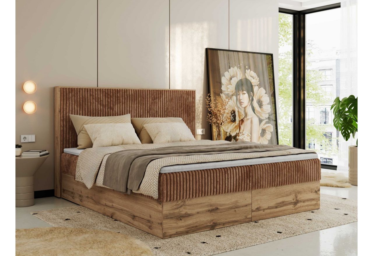 Łóżko kontynentalne WOOD CLASSIC 160x200 - H3 - pomarańczowy, sztruks