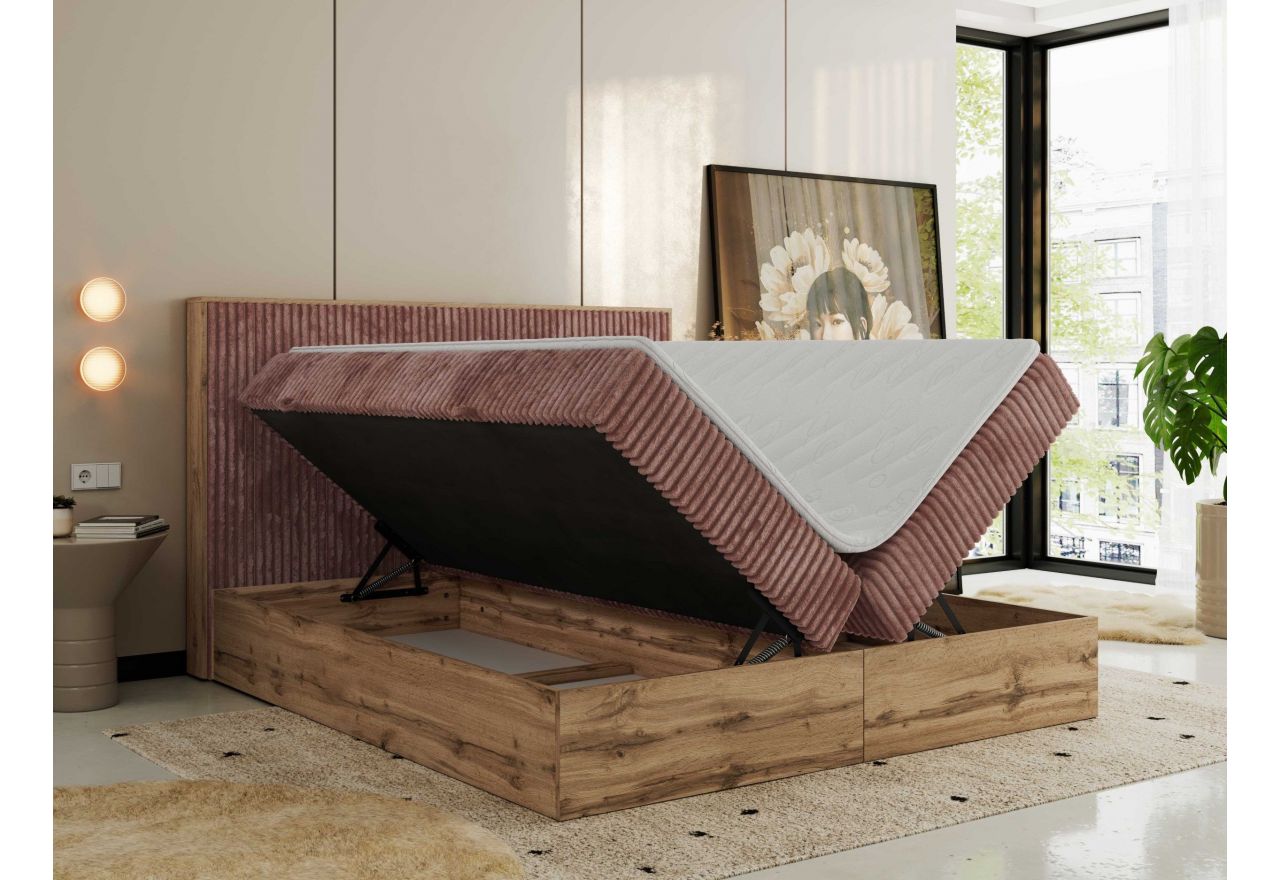 Łóżko kontynentalne WOOD CLASSIC 200x200 - H3 - różowy, sztruks