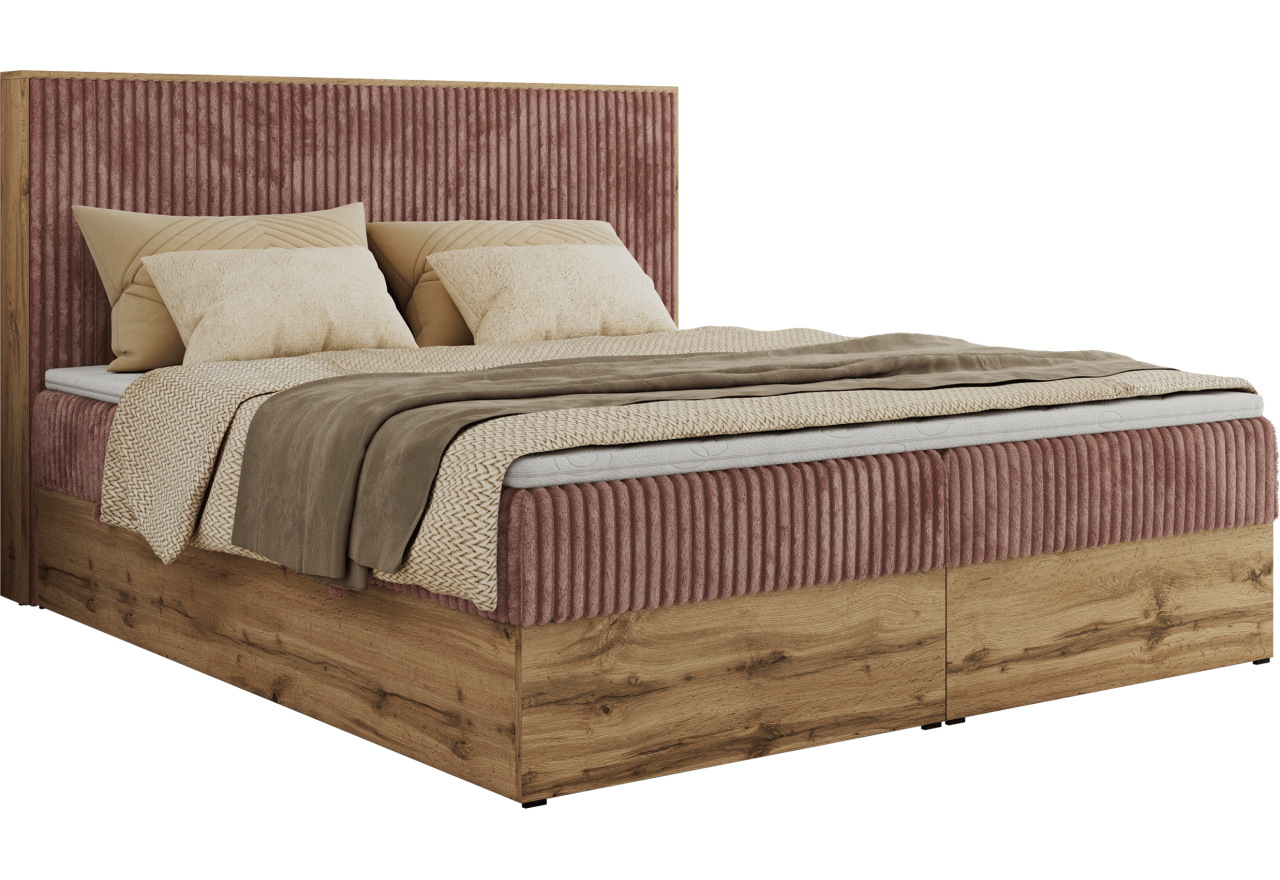 Łóżko kontynentalne WOOD CLASSIC 140x200 - H4 - różowy, sztruks