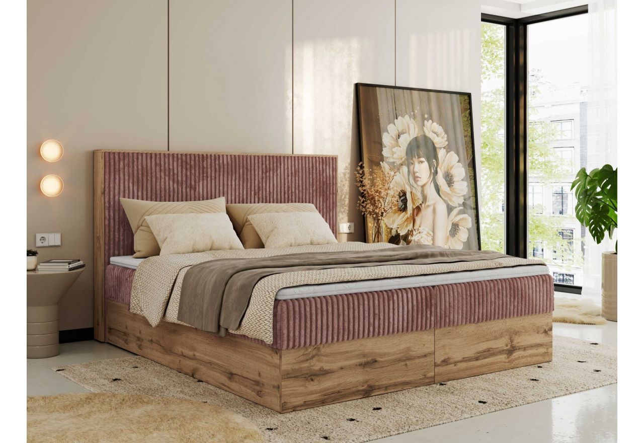 Łóżko kontynentalne WOOD CLASSIC 160x200 - H4 - różowy, sztruks