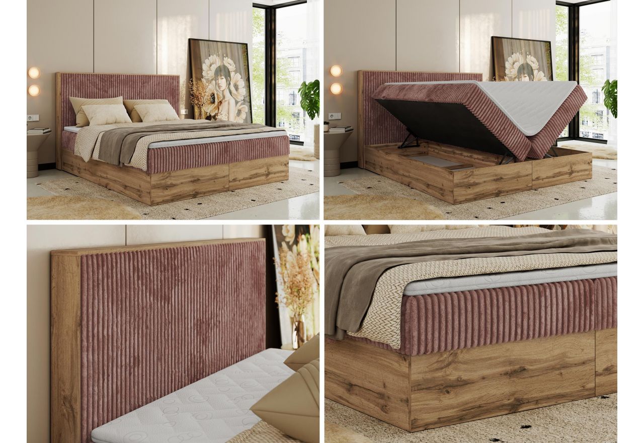 Łóżko kontynentalne WOOD CLASSIC 160x200 - H4 - różowy, sztruks