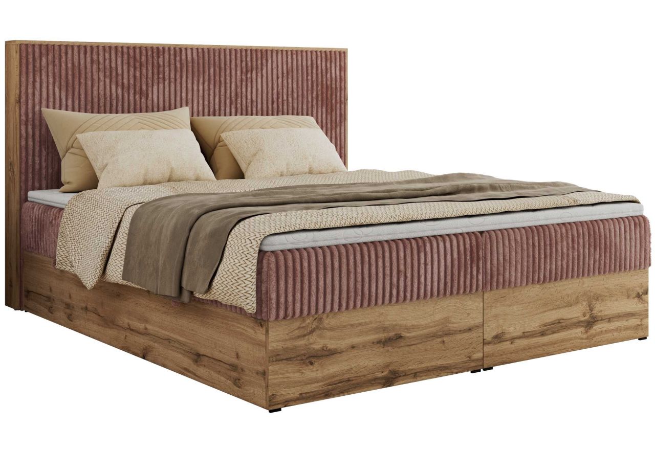 Łóżko kontynentalne WOOD CLASSIC 200x200 - H4 - różowy, sztruks