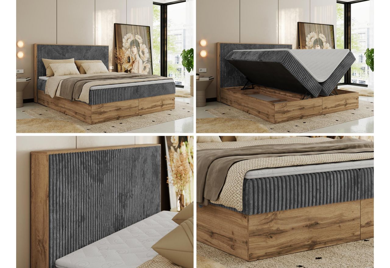 Łóżko kontynentalne WOOD CLASSIC 160x200 - H3 - szary, sztruks