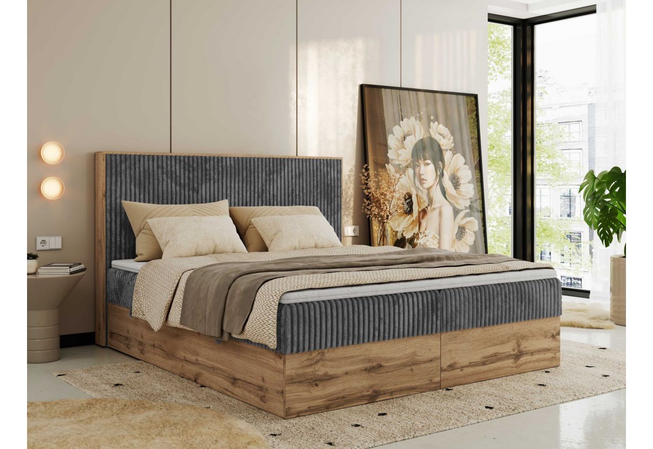 Łóżko kontynentalne WOOD CLASSIC 160x200 - H4 - szary, sztruks