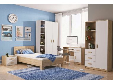 Kultowy zestaw mebli dziecięcych do sypialni razem z szafą i łóżkiem 90x200 cm - KIDS III Biały / Dąb sonoma