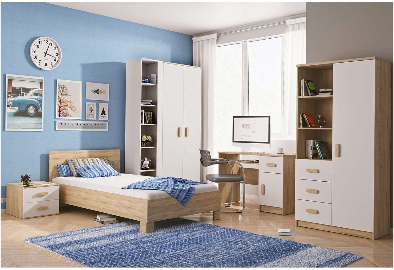 Kultowy zestaw mebli dziecięcych do sypialni razem z szafą i łóżkiem 90x200 cm - KIDS III Biały / Dąb sonoma