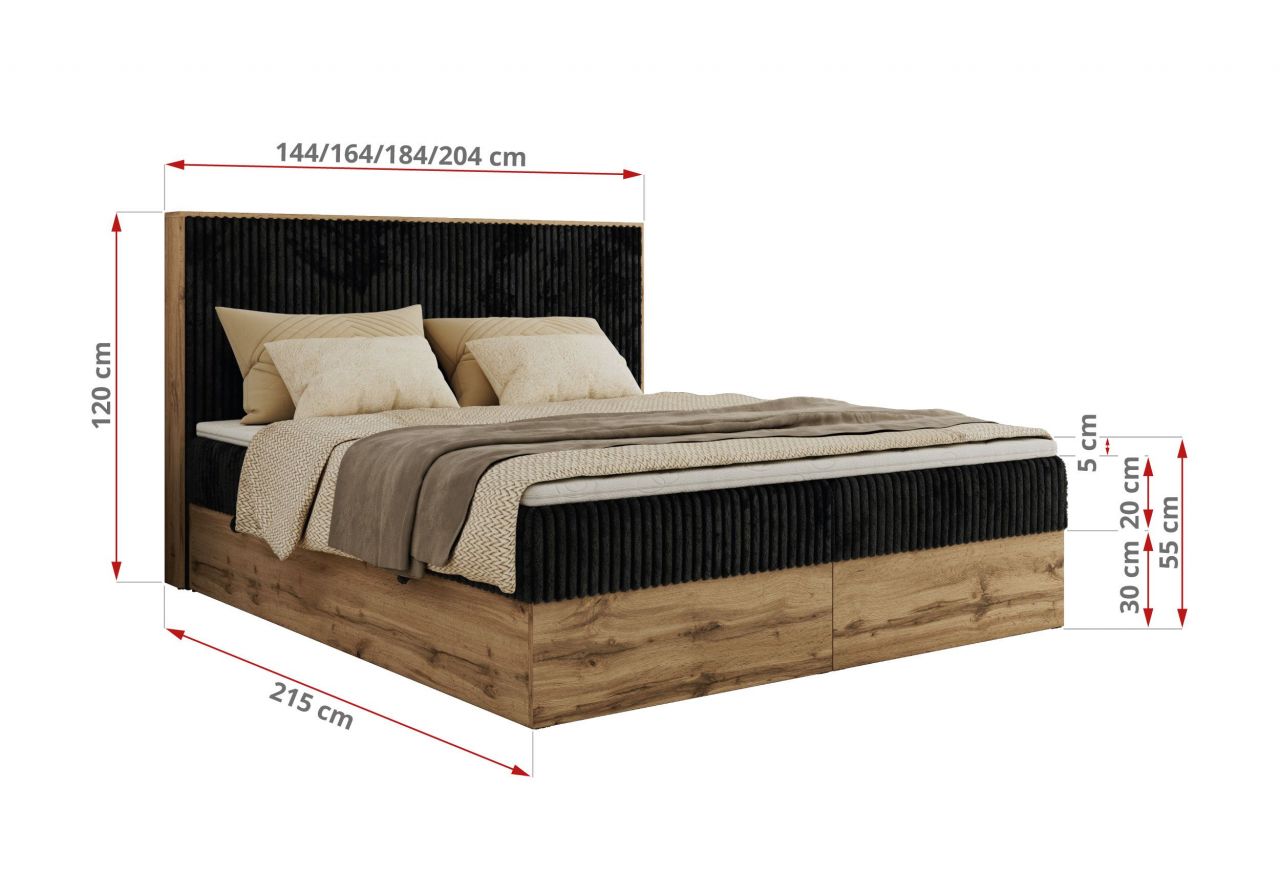 Łóżko kontynentalne WOOD CLASSIC 160x200 - H3 - czarny, sztruks