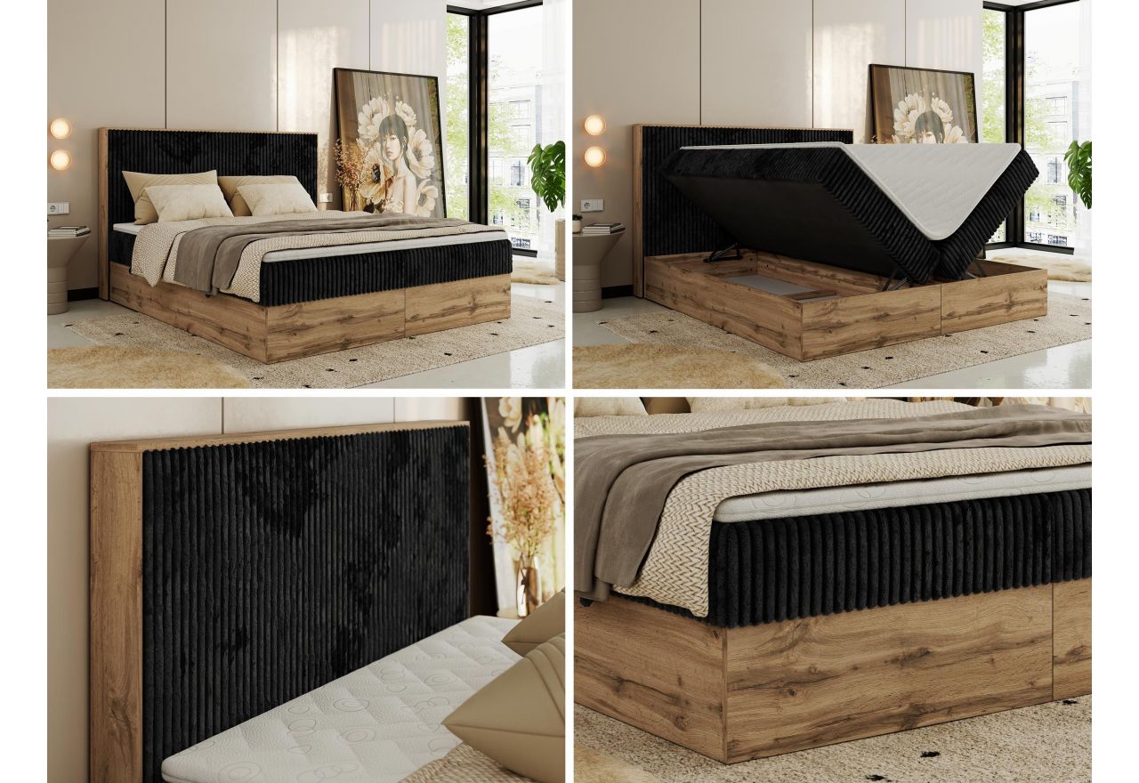 Łóżko kontynentalne WOOD CLASSIC 180x200 - H3 - czarny, sztruks