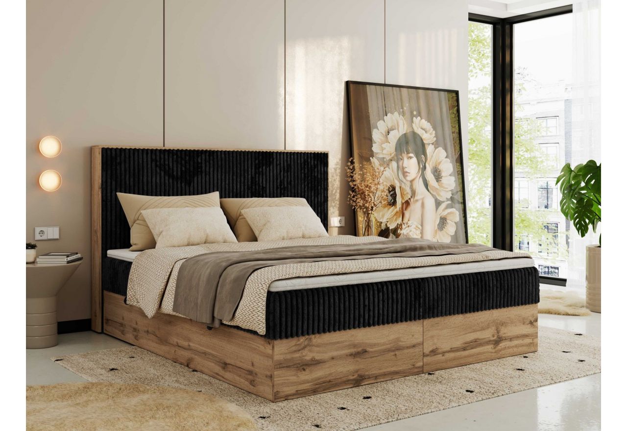 Łóżko kontynentalne WOOD CLASSIC 160x200 - H4 - czarny, sztruks