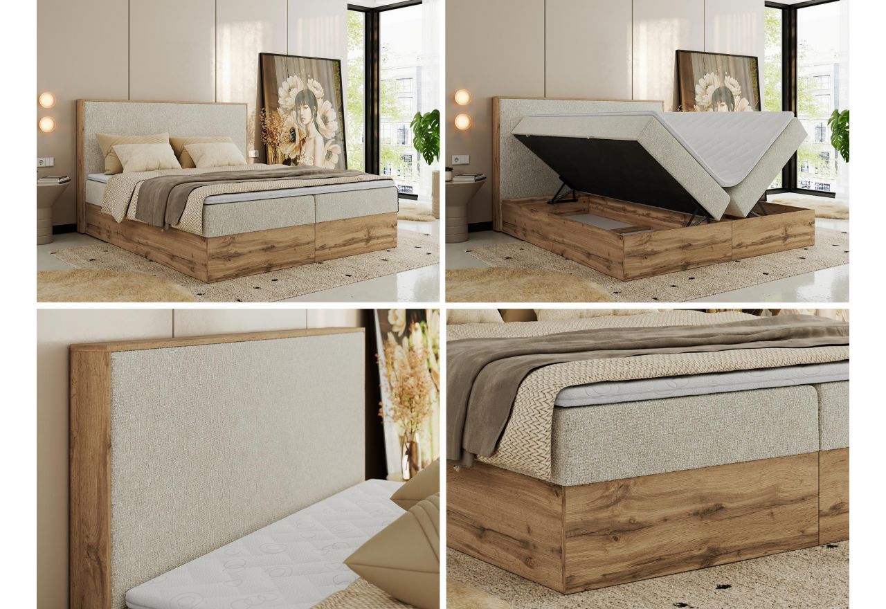 Łóżko kontynentalne WOOD CLASSIC 200x200 - H3 - kremowy, struktura