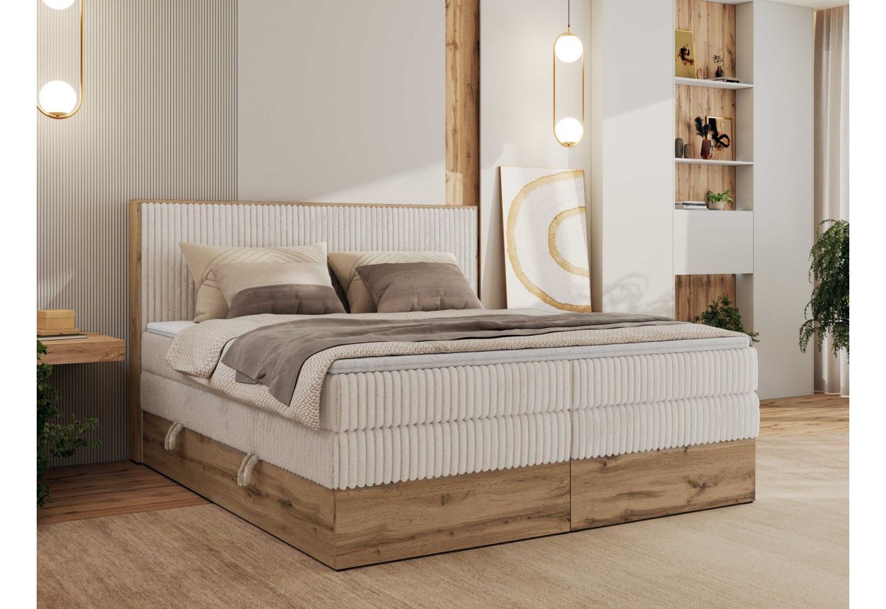 Łóżko kontynentalne WOOD CLASSIC KING 160x200 - H3 - beżowy, sztruks