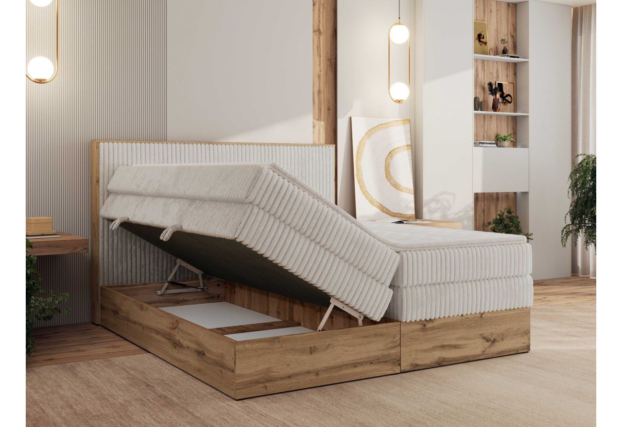 Łóżko kontynentalne WOOD CLASSIC KING 140x200 - H4 - beżowy, sztruks