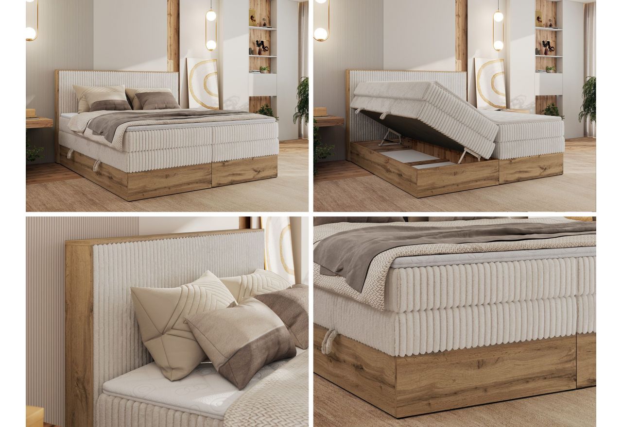 Łóżko kontynentalne WOOD CLASSIC KING 140x200 - H4 - beżowy, sztruks