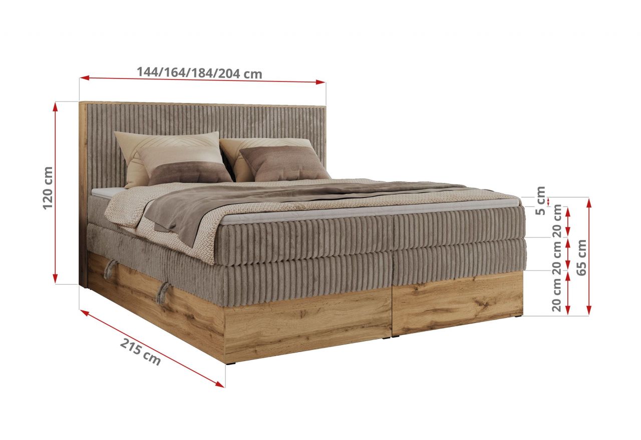 Łóżko kontynentalne WOOD CLASSIC KING 140x200 - H3 - jasnobrązowy, sztruks