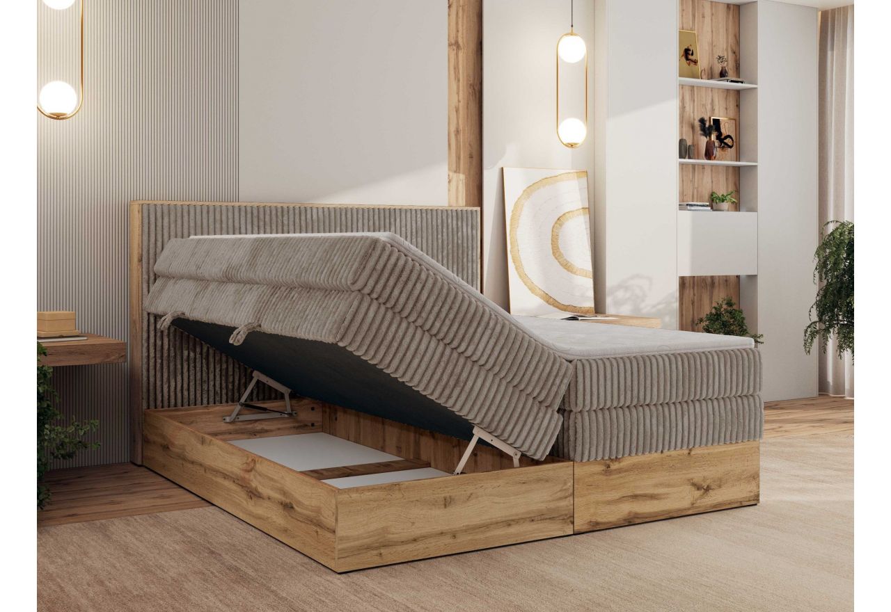 Łóżko kontynentalne WOOD CLASSIC KING 140x200 - H3 - jasnobrązowy, sztruks