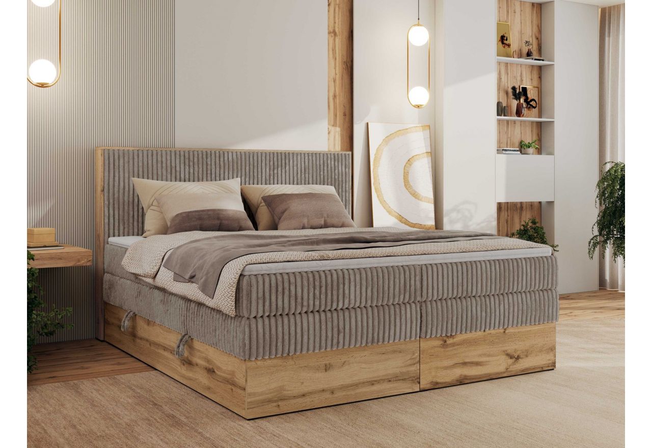 Łóżko kontynentalne WOOD CLASSIC KING 160x200 - H3 - jasnobrązowy, sztruks
