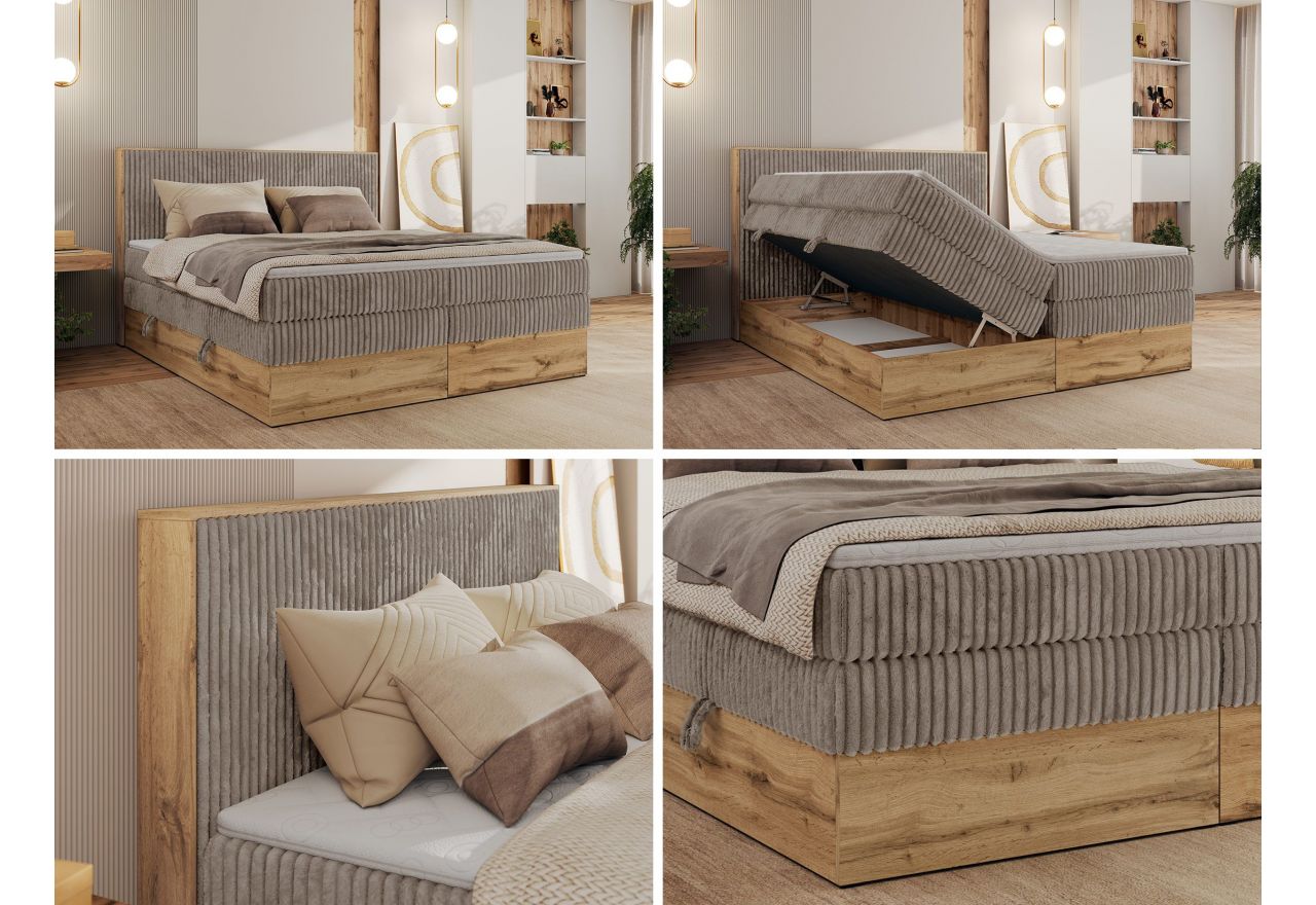 Łóżko kontynentalne WOOD CLASSIC KING 180x200 - H4 - jasnobrązowy, sztruks