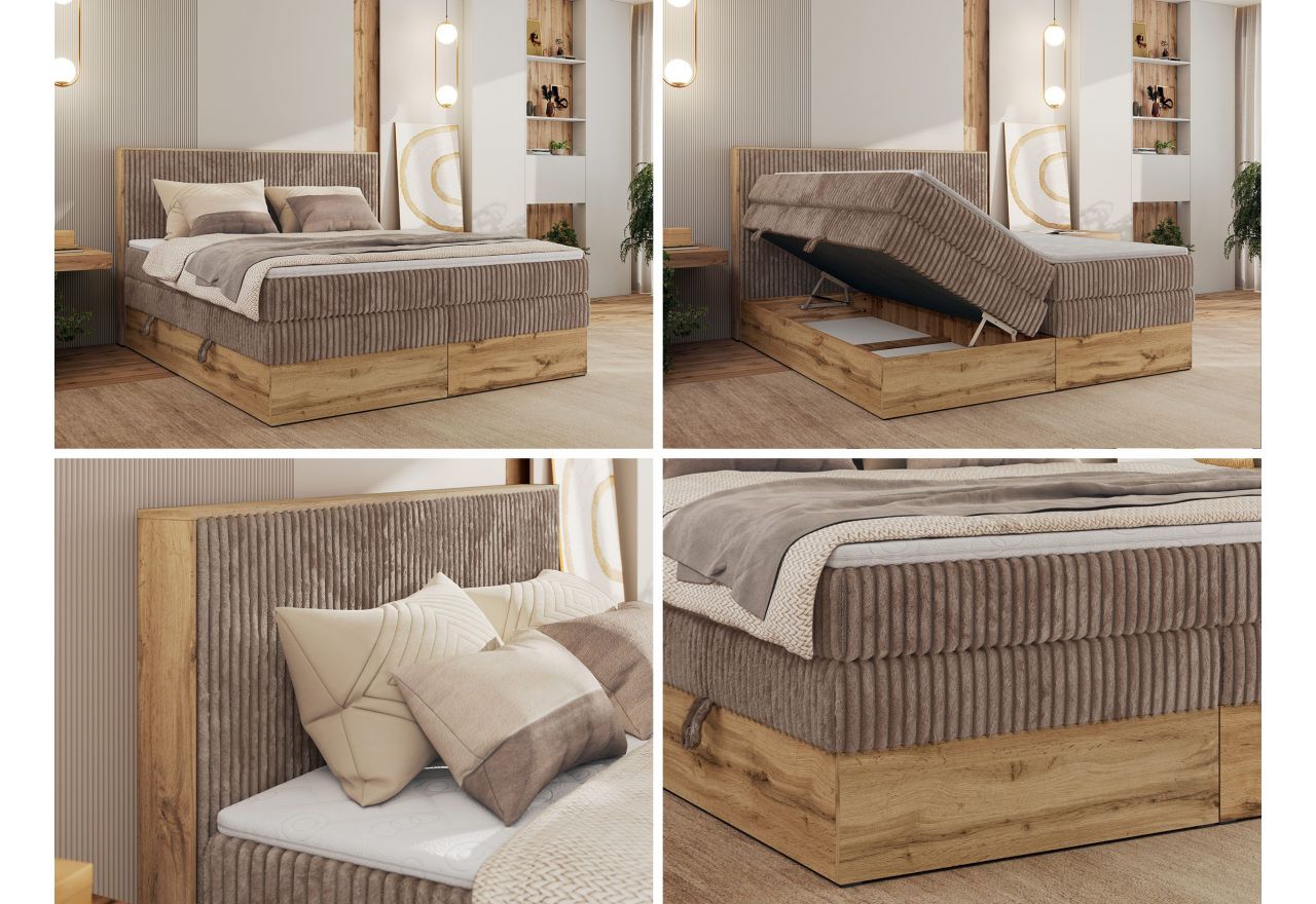 Łóżko kontynentalne WOOD CLASSIC KING 160x200 - H3 - brązowy, sztruks