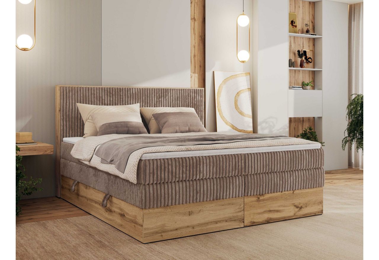 Łóżko kontynentalne WOOD CLASSIC KING 180x200 - H3 - brązowy, sztruks