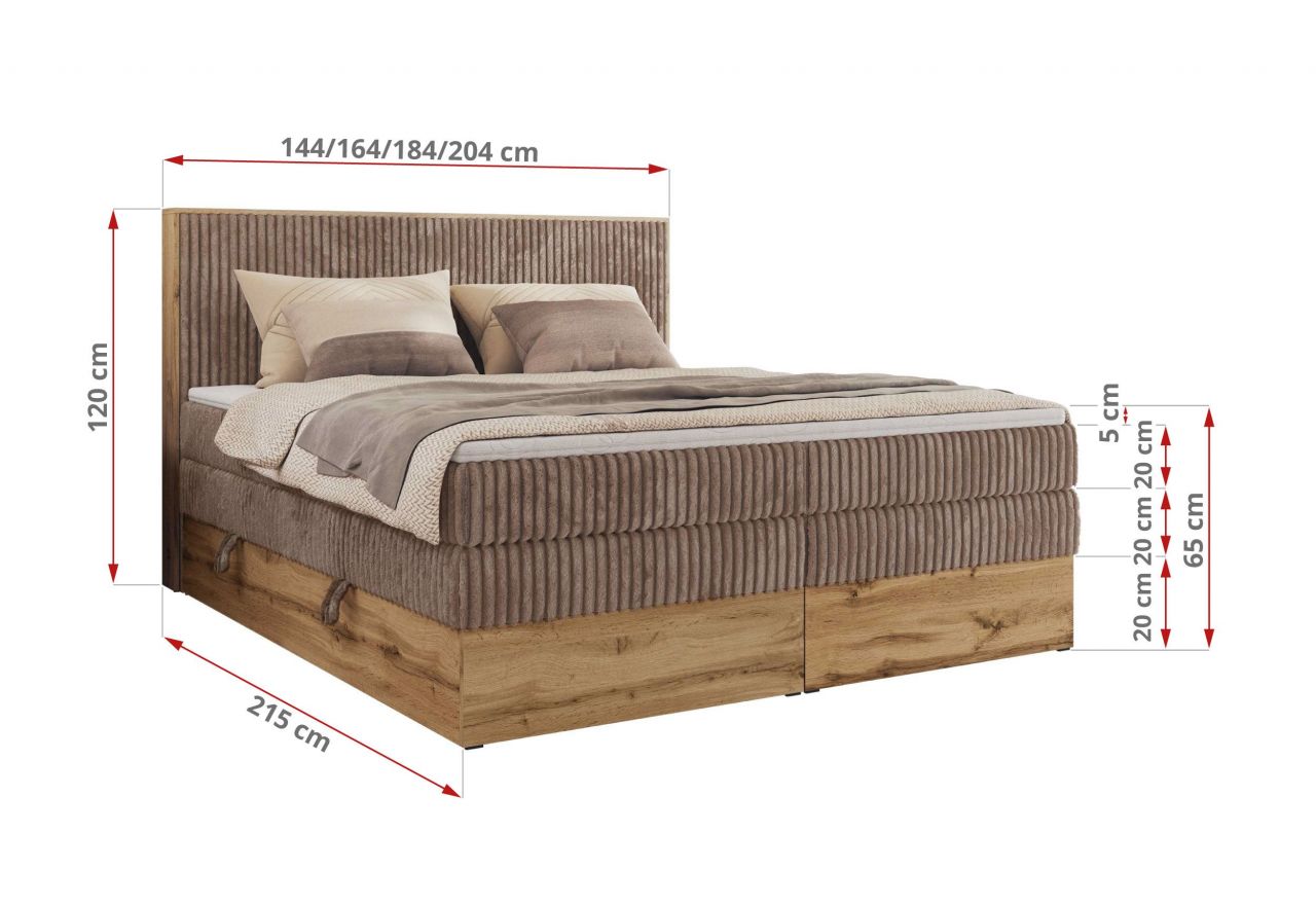 Łóżko kontynentalne WOOD CLASSIC KING 180x200 - H4 - brązowy, sztruks