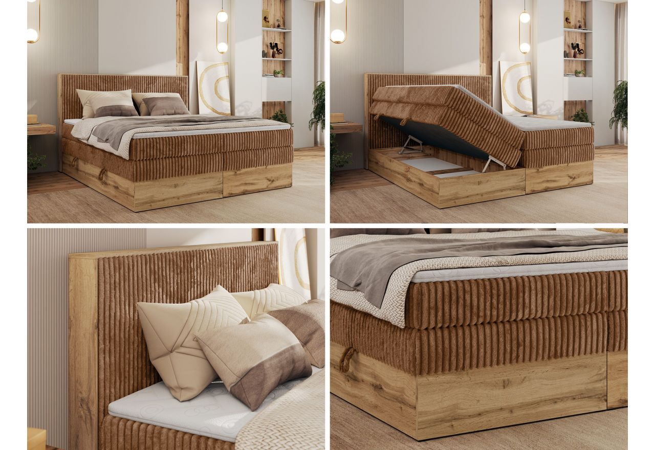 Łóżko kontynentalne WOOD CLASSIC KING 160x200 - H3 - pomarańczowy, sztruks