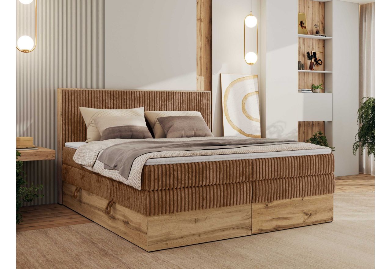 Łóżko kontynentalne WOOD CLASSIC KING 200x200 - H4 - pomarańczowy, sztruks