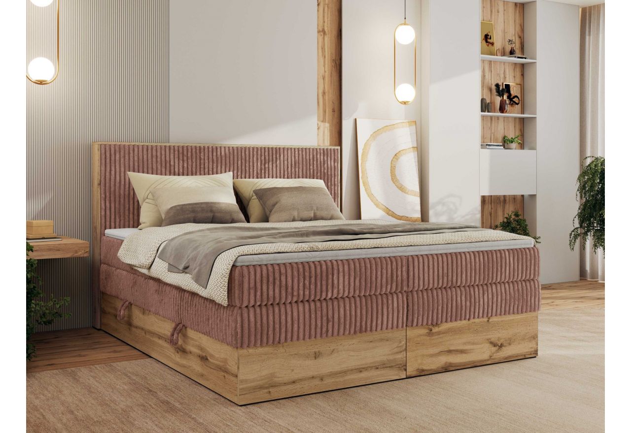 Łóżko kontynentalne WOOD CLASSIC KING 140x200 - H4 - różowy, sztruks